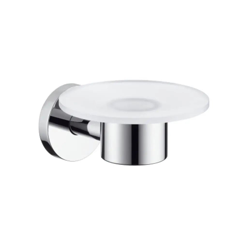 Wandmontierte Seifenschale in Chrom von Hansgrohe mit flacher, runder Ablagefläche und halbrunder Halterung.